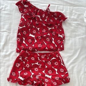 Red Floral poppy Off-Shoulder Top and Shorts Set